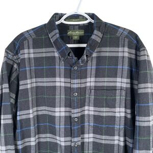Eddie Bauer Flannel Shirt Mens LT Button Down Relaxed Fit Black Plaid Cotton Y2K